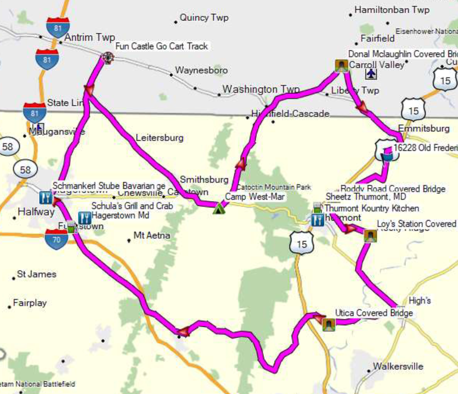 Map of the Four Covered Bridges Ride with Borg