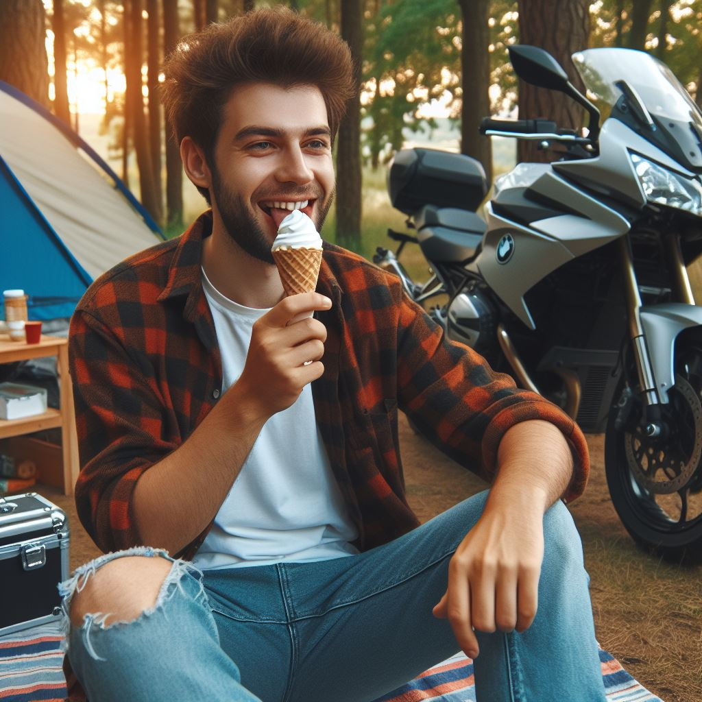 BMW rider eating ice cream at camp