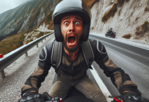 Scared Motorcyclist on mountain road