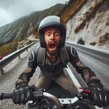 Scared Motorcyclist on mountain road